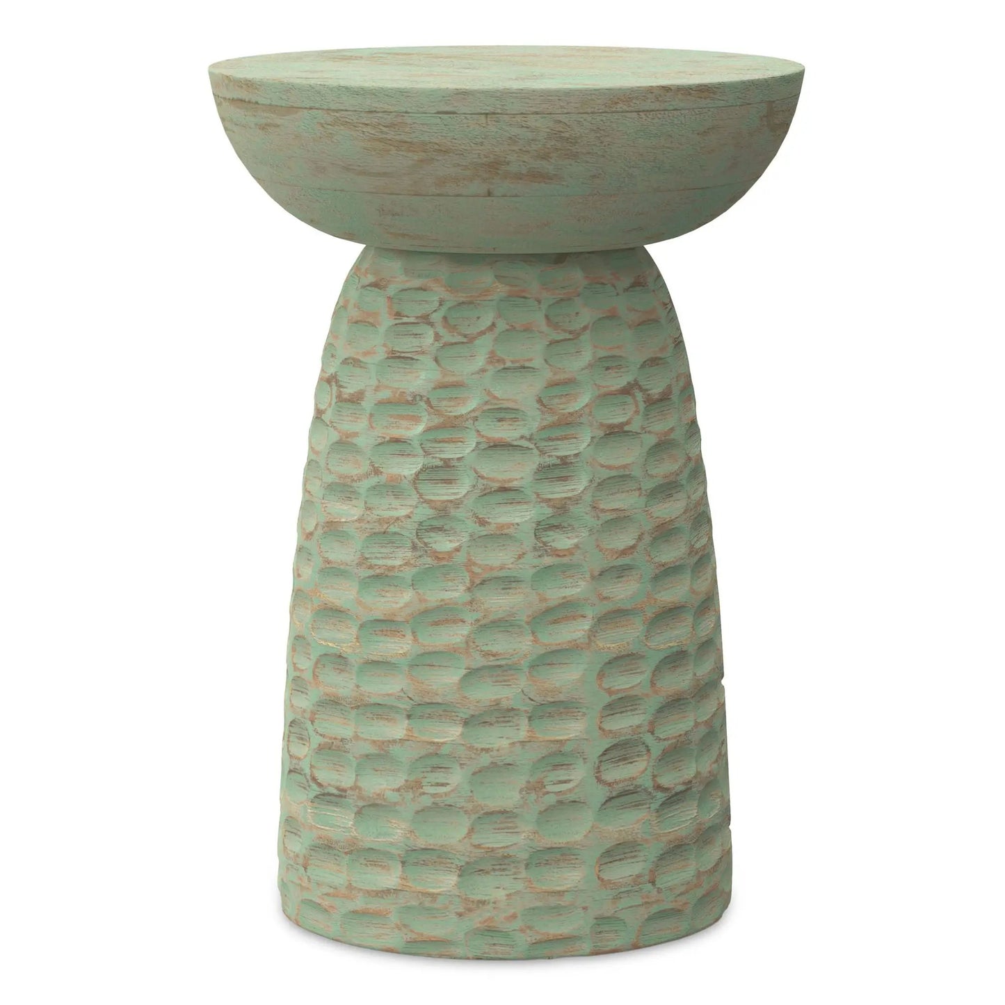 Boyd Handcrafted Accent Table, mint green distressed finish with pedestal base on Tampa Home & Garden Store