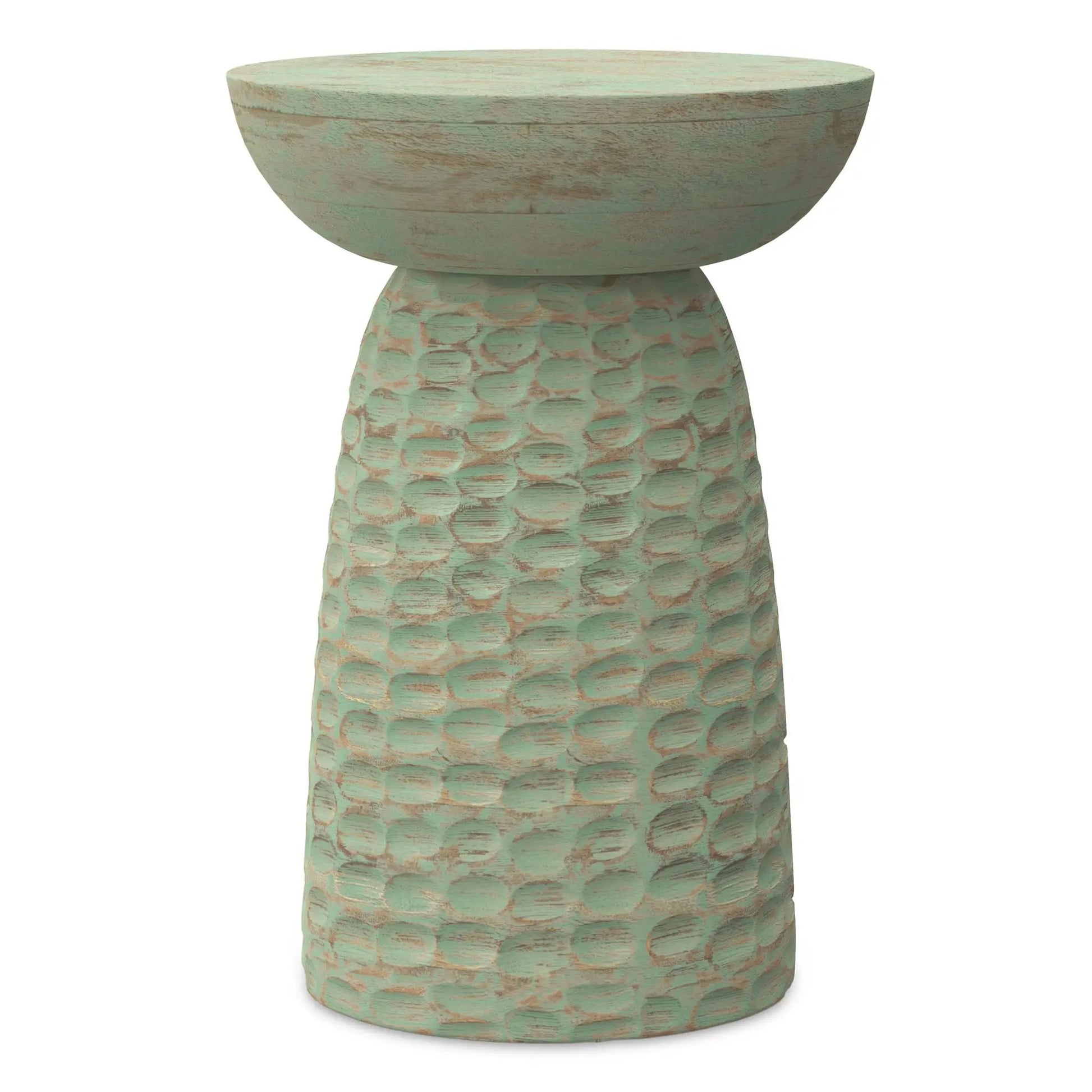 Boyd Handcrafted Accent Table, mint green distressed finish with pedestal base on Tampa Home & Garden Store