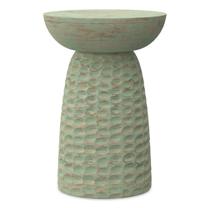 Boyd Handcrafted Accent Table, mint green distressed finish with pedestal base on Tampa Home & Garden Store