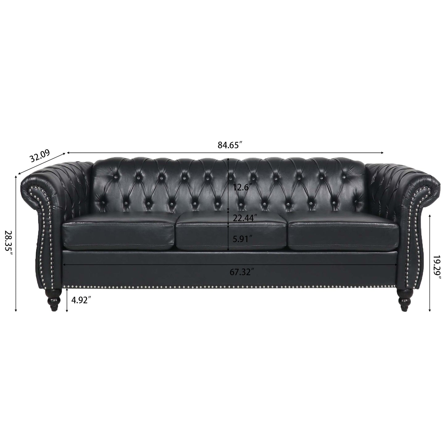 Black Chesterfield Sofa and Soft PU Rolled Arms