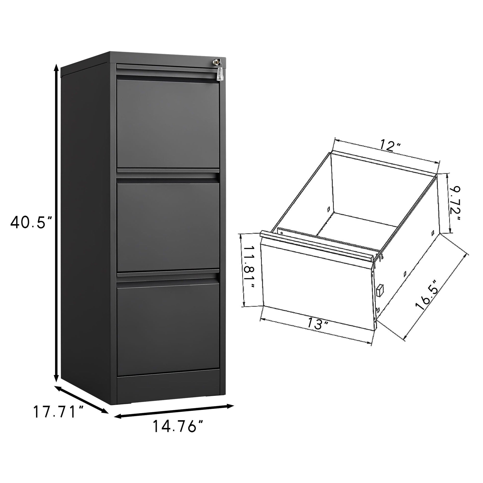 HouseOfZazla gray metal 3-drawer filing cabinet with lock and keys for office storage on Tampa Home & Garden Store