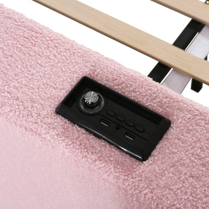 Trundle bed frame with light wood slats and built-in audio panel on pink shag rug on Tampa Home & Garden Store