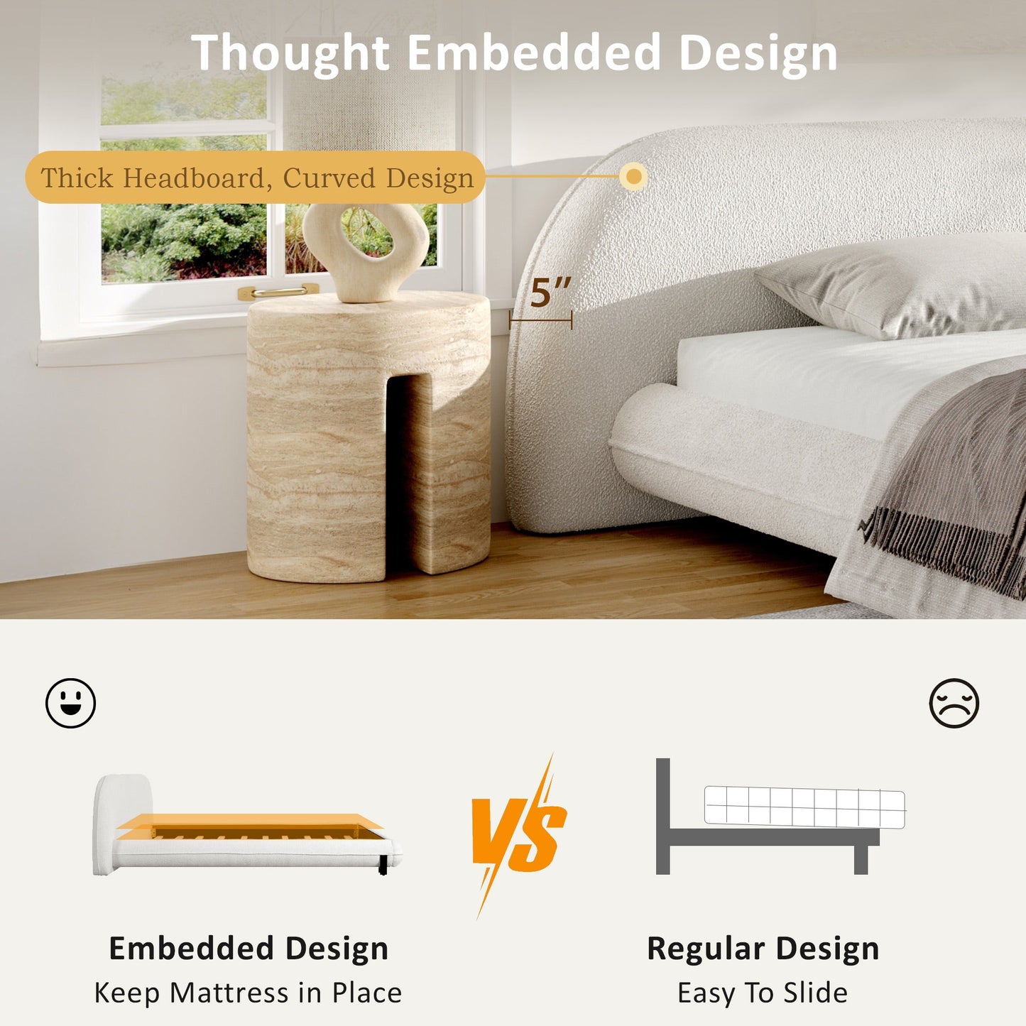 King Size Bed Frame with Boucle and Headboard