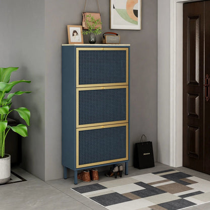 Rattan 3 Door Shoe Rack Cabinet for Entryway