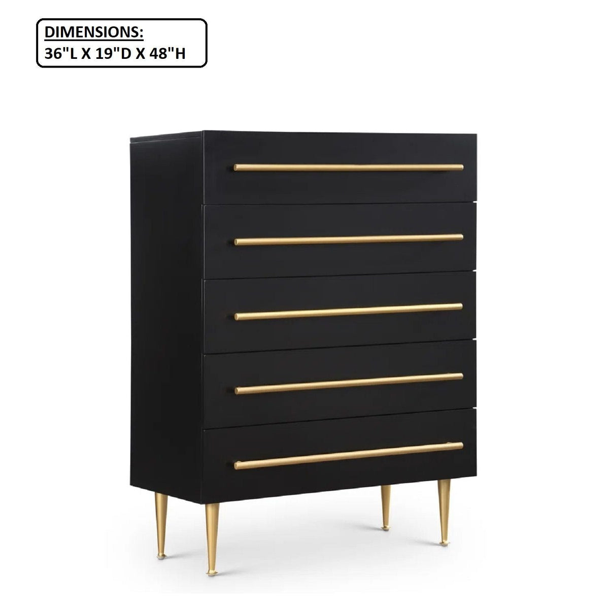 Contemporary black accent chest five-drawer with gold-tone handles and tapered gold legs HouseOfZazla on Tampa Home & Garden Store