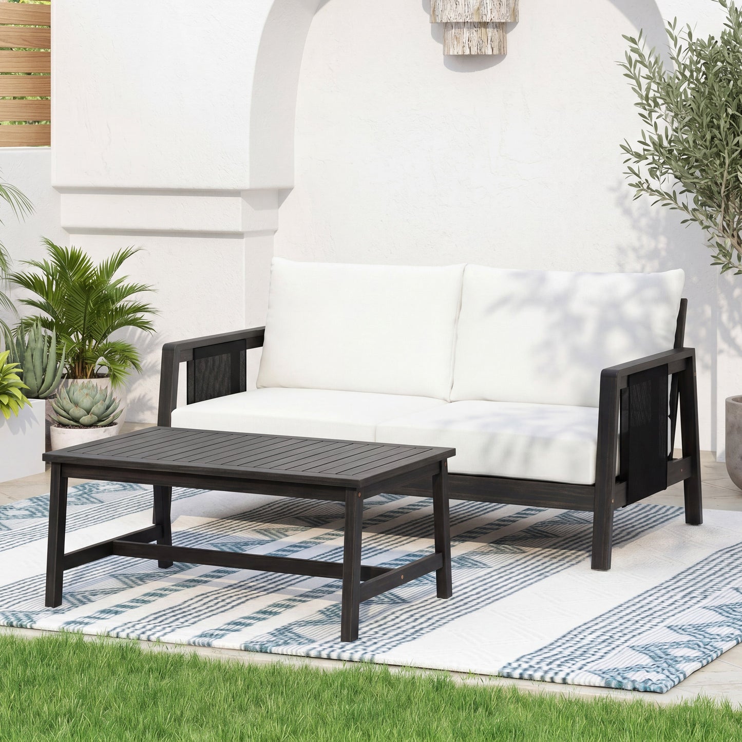 Outdoor Acacia Wood Loveseat and Coffee Table Set