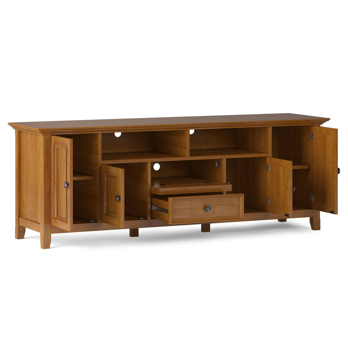 Handcrafted wide TV stand with ample storage, natural wood finish and open shelves on Tampa Home & Garden Store