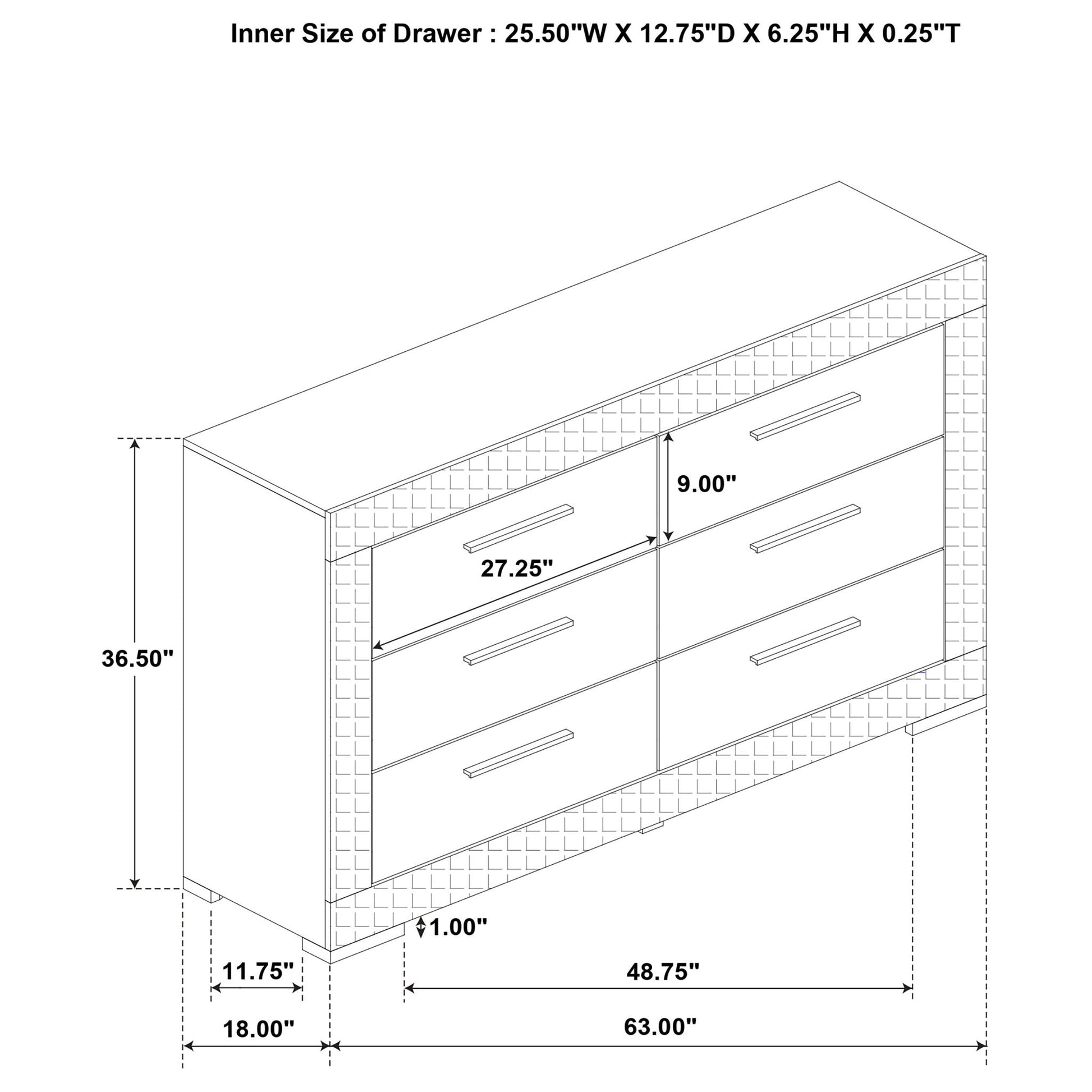 Pierce 4-Piece Bedroom Set With LED Lighting schematic showing dresser with dimensions on Tampa Home & Garden Store
