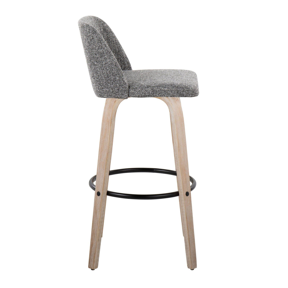 Mid-Century bar stool with gray upholstery, curved back, light wood legs, circular footrest on Tampa Home & Garden Store