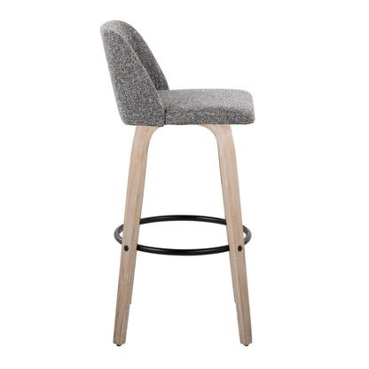Mid-Century bar stool with gray upholstery, curved back, light wood legs, circular footrest on Tampa Home & Garden Store