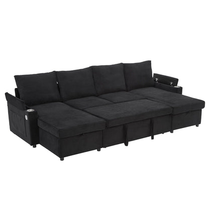 U-shaped sectional sofa bed in black by HouseOfZazla with storage chaise, USB ports on Tampa Home & Garden Store