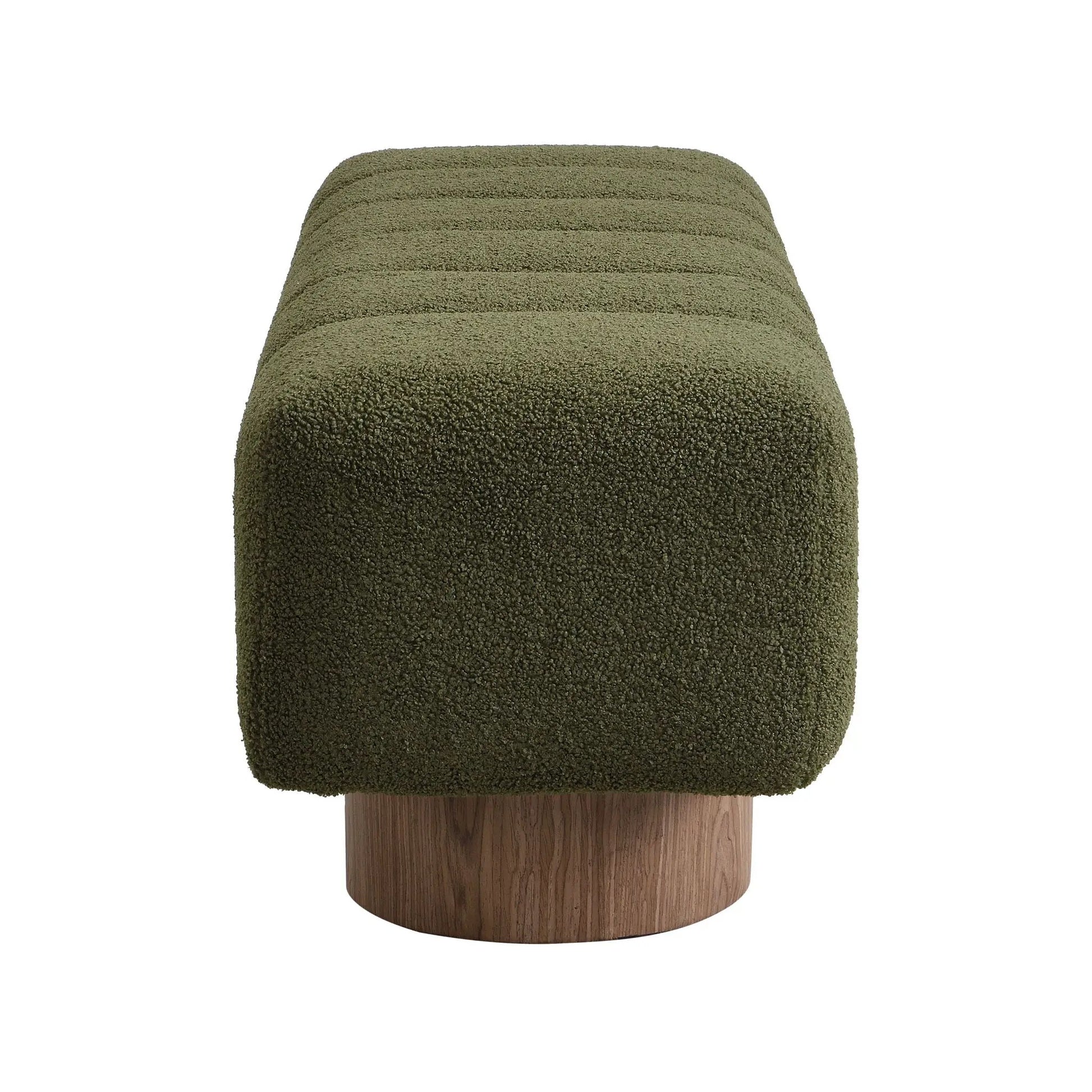 Upholstered dining bench in olive green boucle fabric with a natural wood pedestal base on Tampa Home & Garden Store