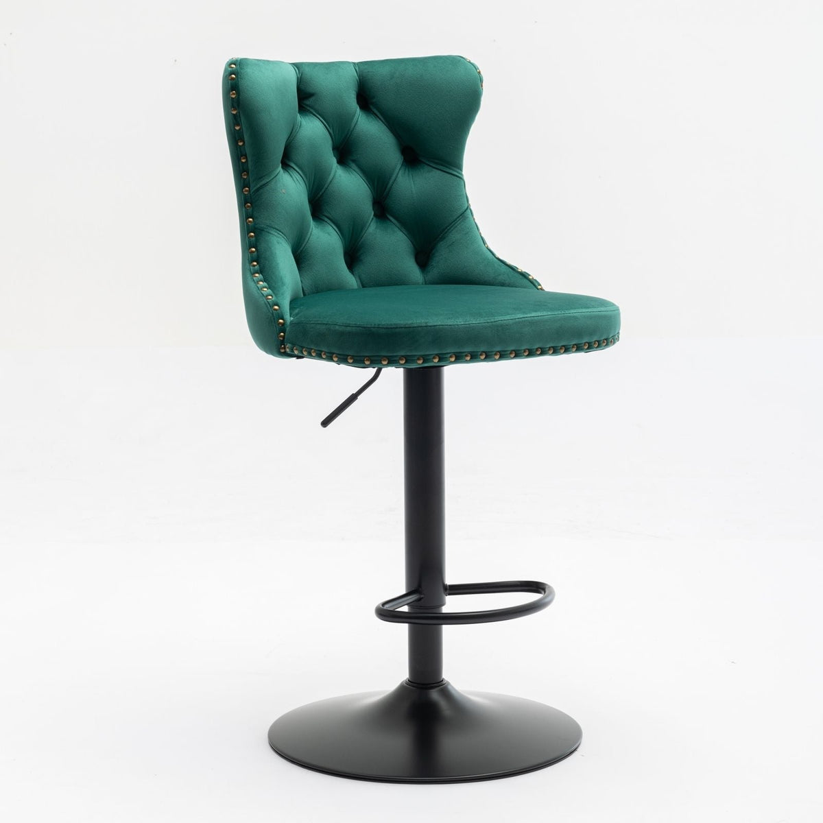 Green tufted swivel bar stool with back, adjustable height, brass nailhead trim on Tampa Home & Garden Store