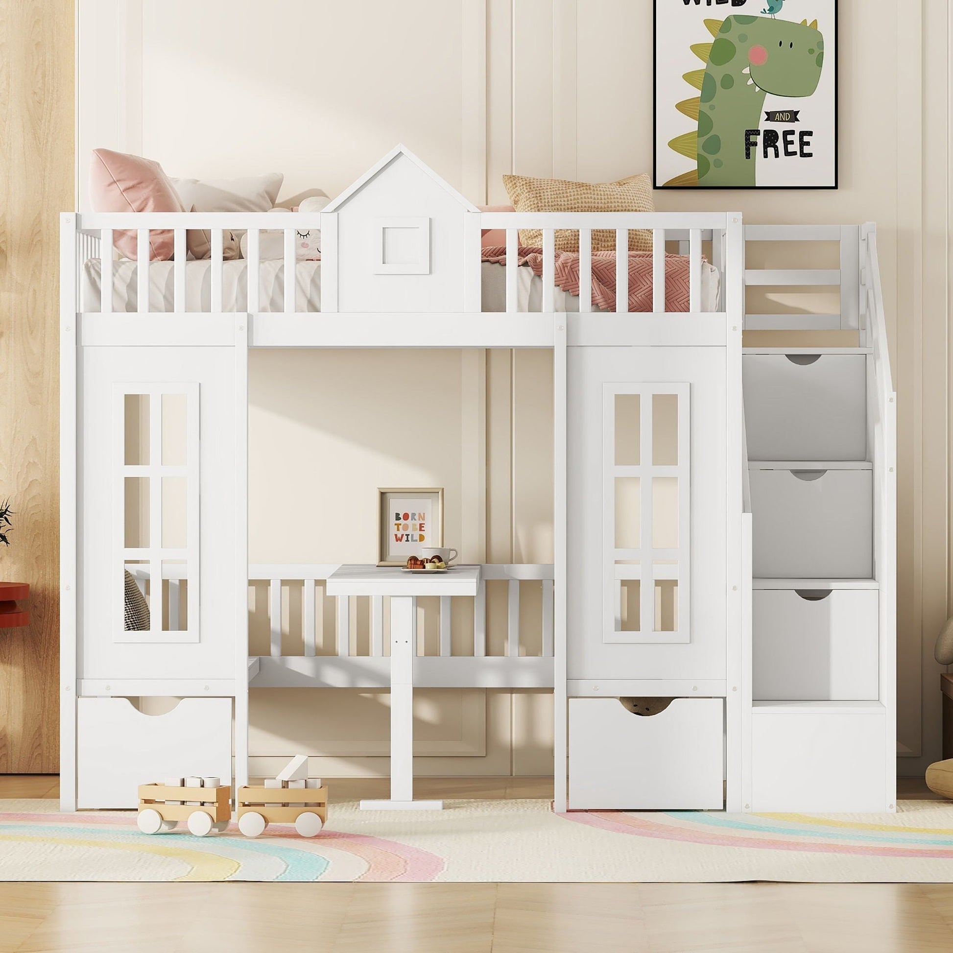 Twin over twin bunk bed in white with built-in desk and changeable table, center panel on Tampa Home & Garden Store