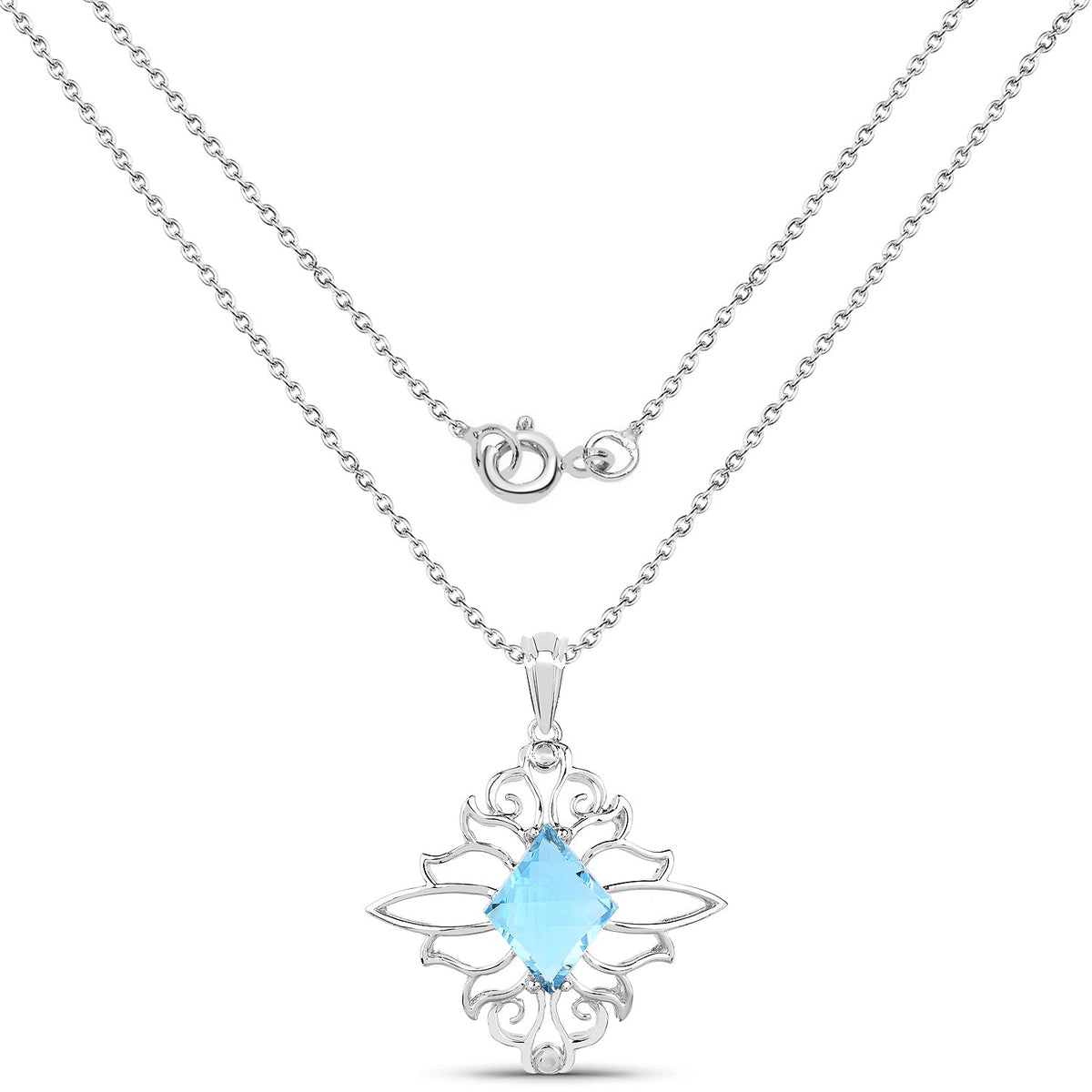 5.15ct Swiss blue topaz pendant on .925 silver chain with ornate snowflake filigree setting on Tampa Home & Garden Store