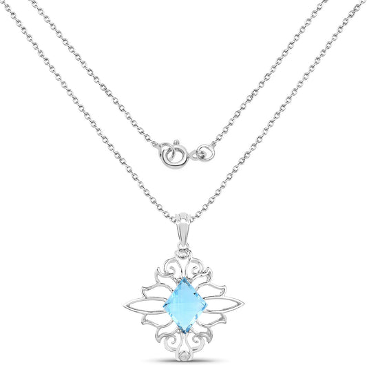 5.15ct Swiss blue topaz pendant on .925 silver chain with ornate snowflake filigree setting on Tampa Home & Garden Store