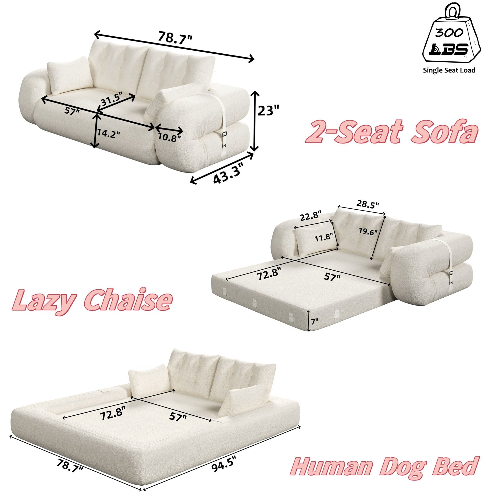 HouseOfZazla 2-seat foldable sofa bed in cream fabric, 3-in-1 floor sofa on Tampa Home & Garden Store