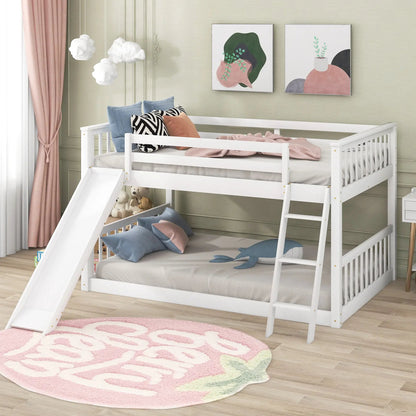 White bunk bed with convertible slide and ladder, pink bedding and blue cushions on Tampa Home & Garden Store