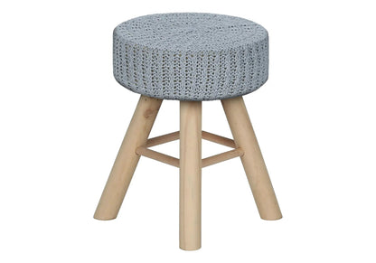 Round knitted ottoman pouf with grey crochet cover and natural wood legs on Tampa Home & Garden Store
