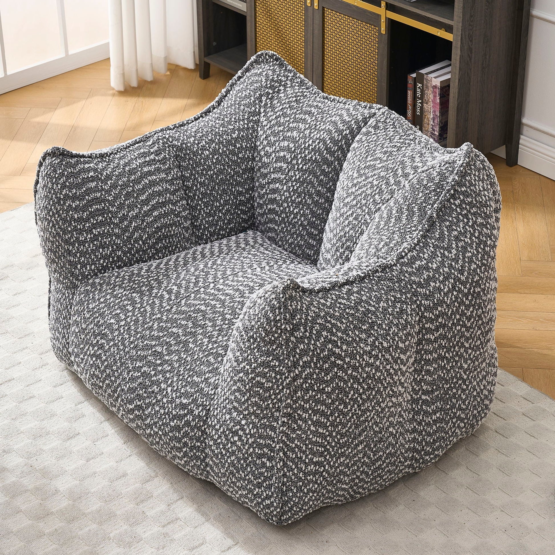 Comfortable chenille arm chair in speckled black/white fabric with highly resilient foam on Tampa Home & Garden Store