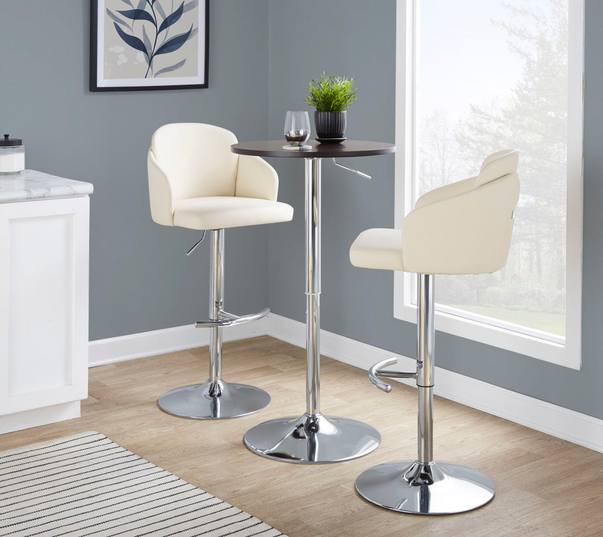 Adjustable contemporary bar table with brown top and chrome pedestal, white stools on Tampa Home & Garden Store
