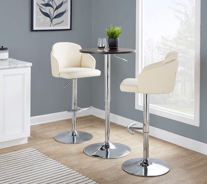 Adjustable contemporary bar table with brown top and chrome pedestal, white stools on Tampa Home & Garden Store
