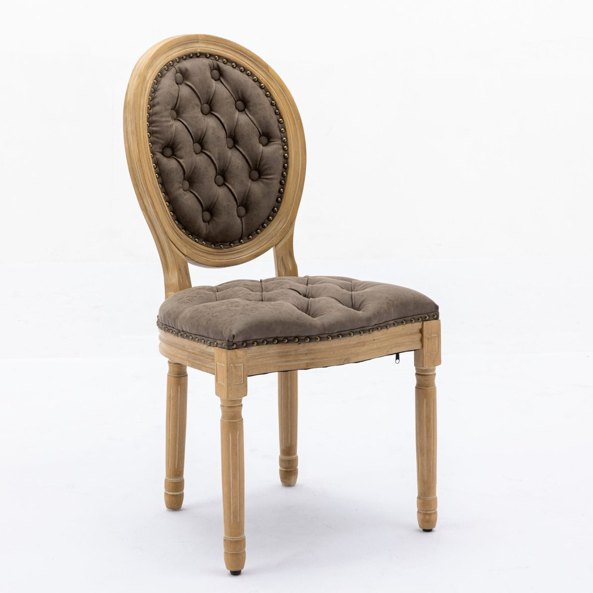 French style solid wood dining chair with nailhead trim, natural wood frame and taupe upholstery on Tampa Home & Garden Store