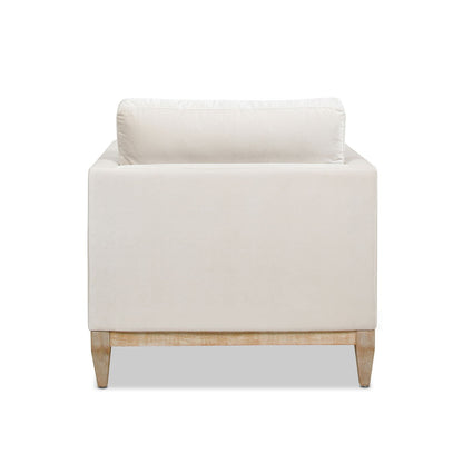 Modern Farmhouse arm chair in beige fabric with wood legs and reversible cushions on Tampa Home & Garden Store