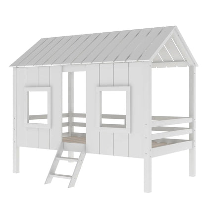 Twin Size Low Loft House Bed with Roof Windows