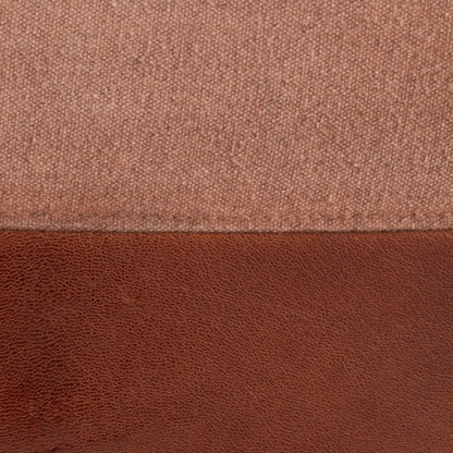 Industrial pouf ottoman fabric close-up in light brown with leather trim on Tampa Home & Garden Store