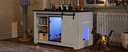 HouseOfZazla 46in farmhouse cat litter box enclosure with sliding barn door, white wood cabinet on Tampa Home & Garden Store