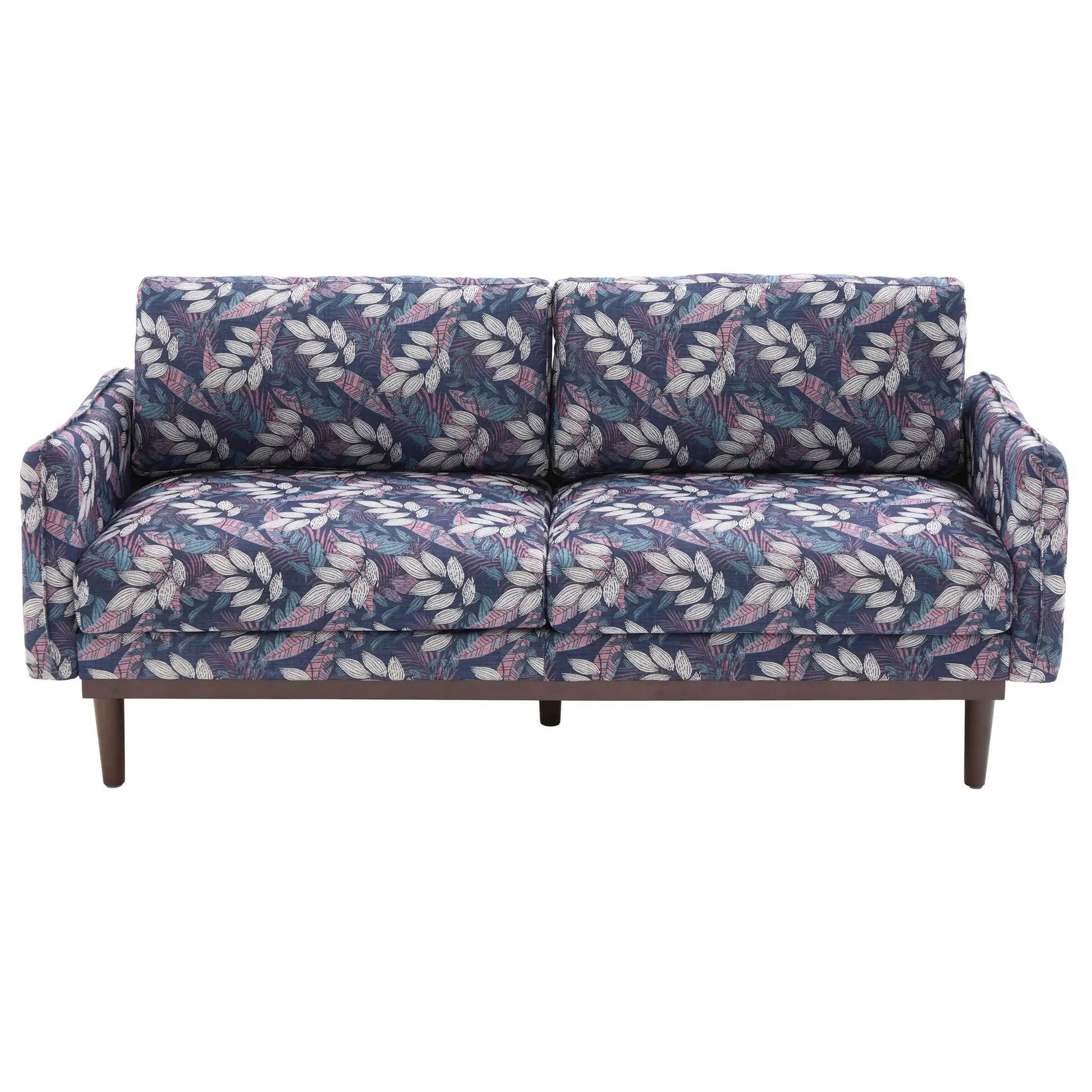 2 Seater Loveseat Sofa with spacious seating in navy leaf print upholstery and wooden legs on Tampa Home & Garden Store