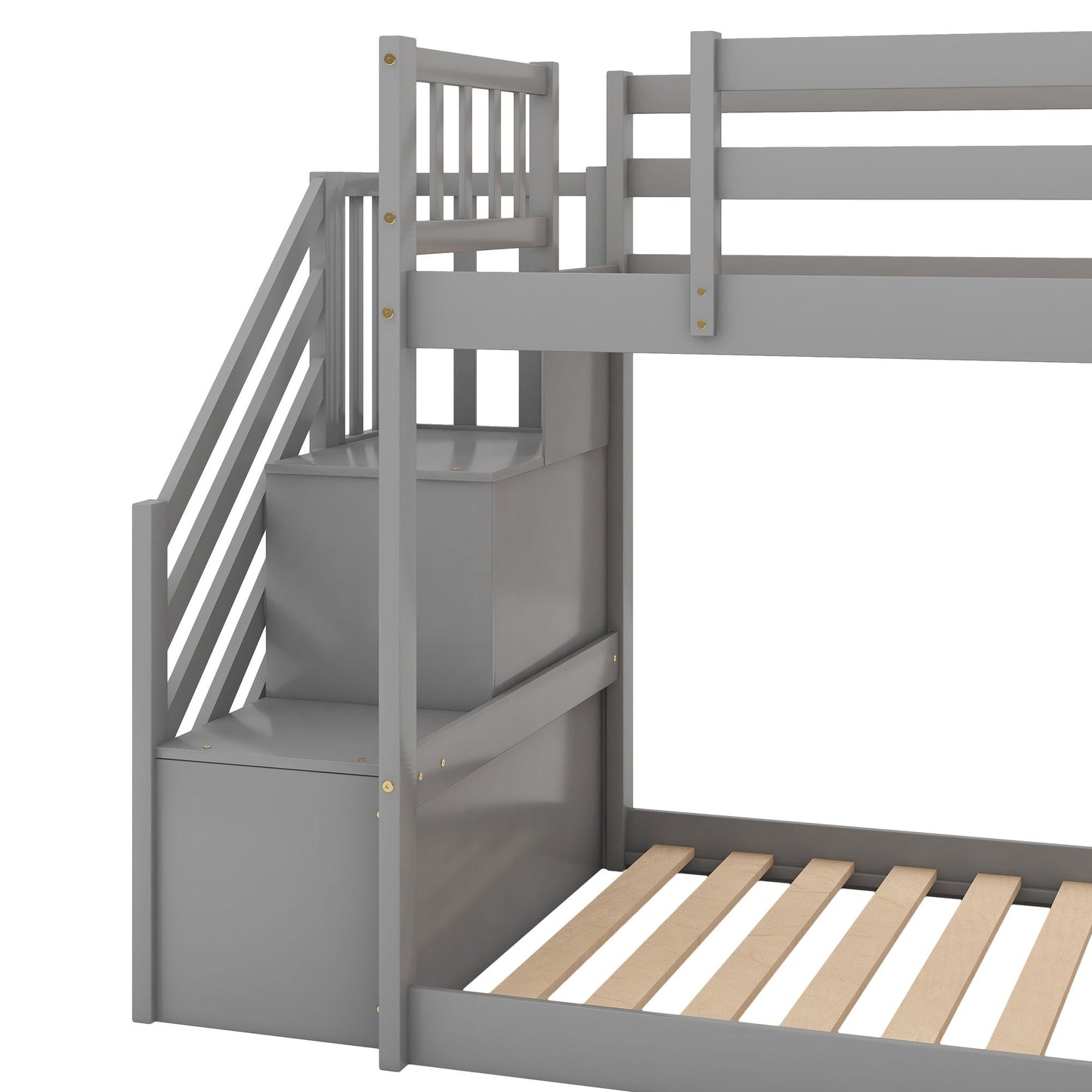 Bunk bed with convertible slide and stairway by HouseOfZazla, grey finish, top bunk guardrails on Tampa Home & Garden Store