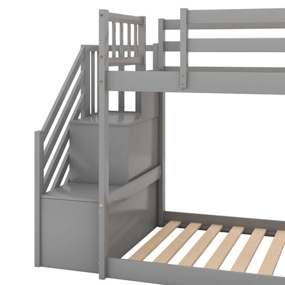 Bunk bed with convertible slide and stairway by HouseOfZazla, grey finish, top bunk guardrails on Tampa Home & Garden Store