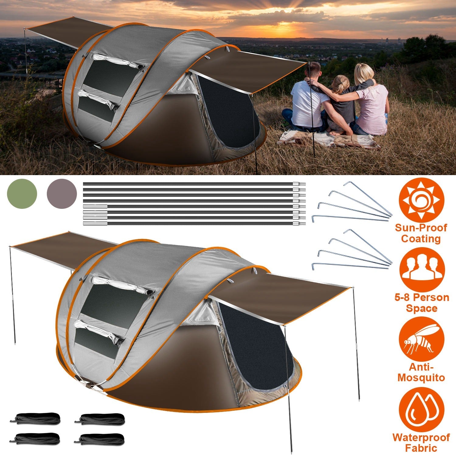 3-4 person pop-up tent gray orange waterproof with mosquito net windows auto setup Tampa on Tampa Home & Garden Store
