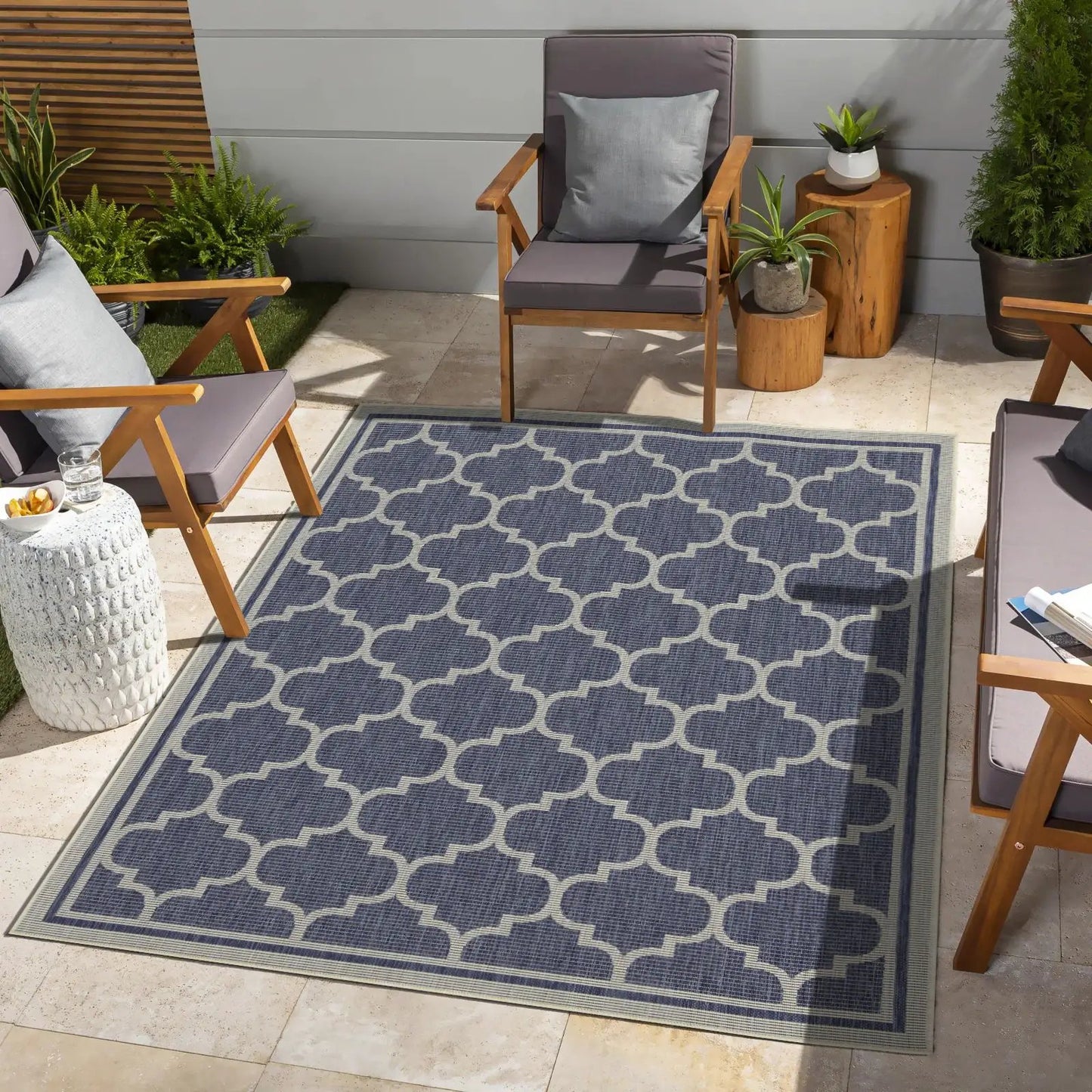 Sunshine Area Rug Polypropylene, navy blue with trellis pattern, Unique Piece Furniture on Tampa Home & Garden Store