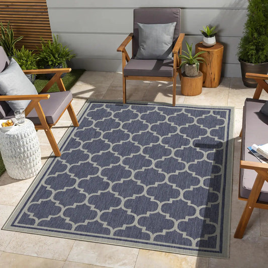 Sunshine Area Rug Polypropylene, navy blue with trellis pattern, Unique Piece Furniture on Tampa Home & Garden Store