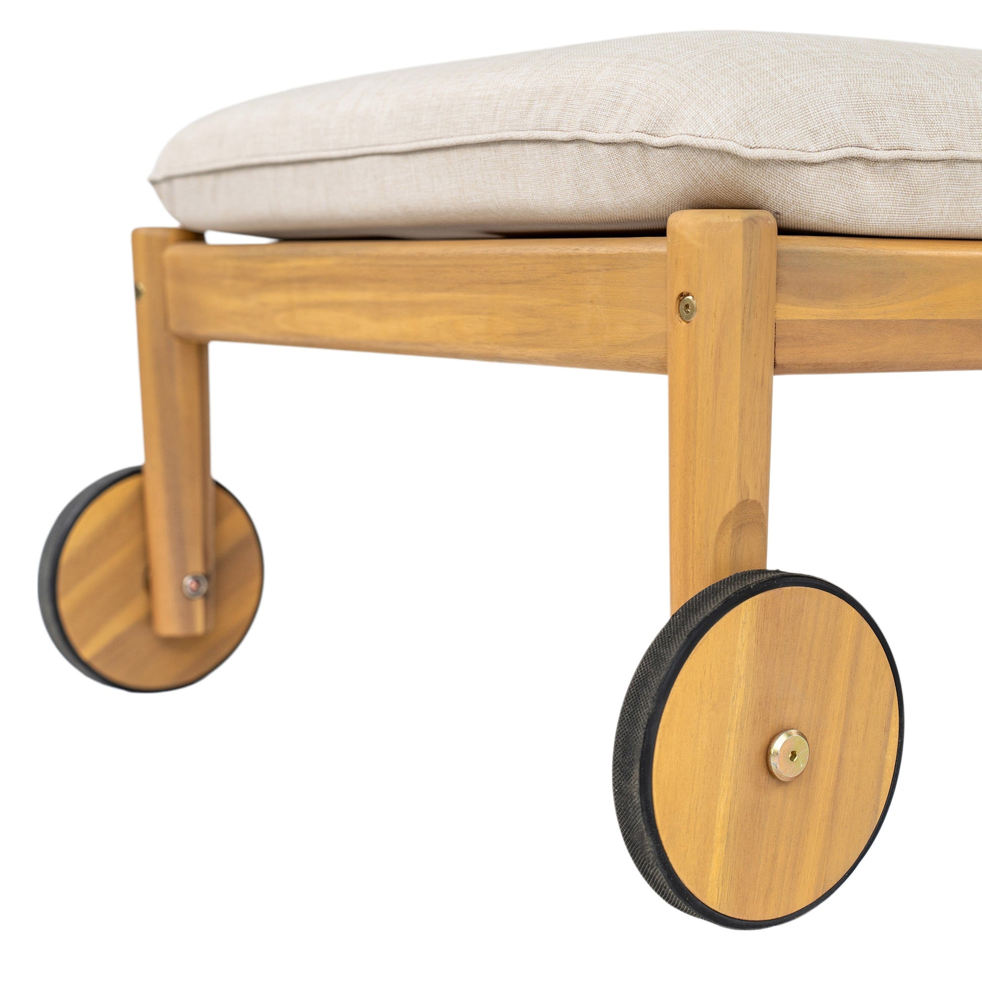 Riviera Outdoor Chaise Lounges with Wheels, acacia wood, beige cushions, set of 2 on Tampa Home & Garden Store