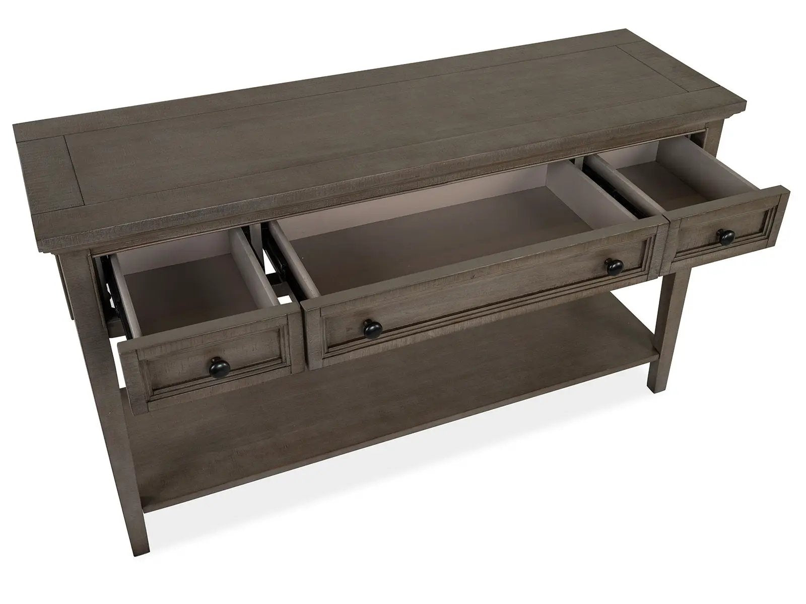 Paxton Place rectangular sofa table in dovetail gray with three drawers and lower shelf on Tampa Home & Garden Store