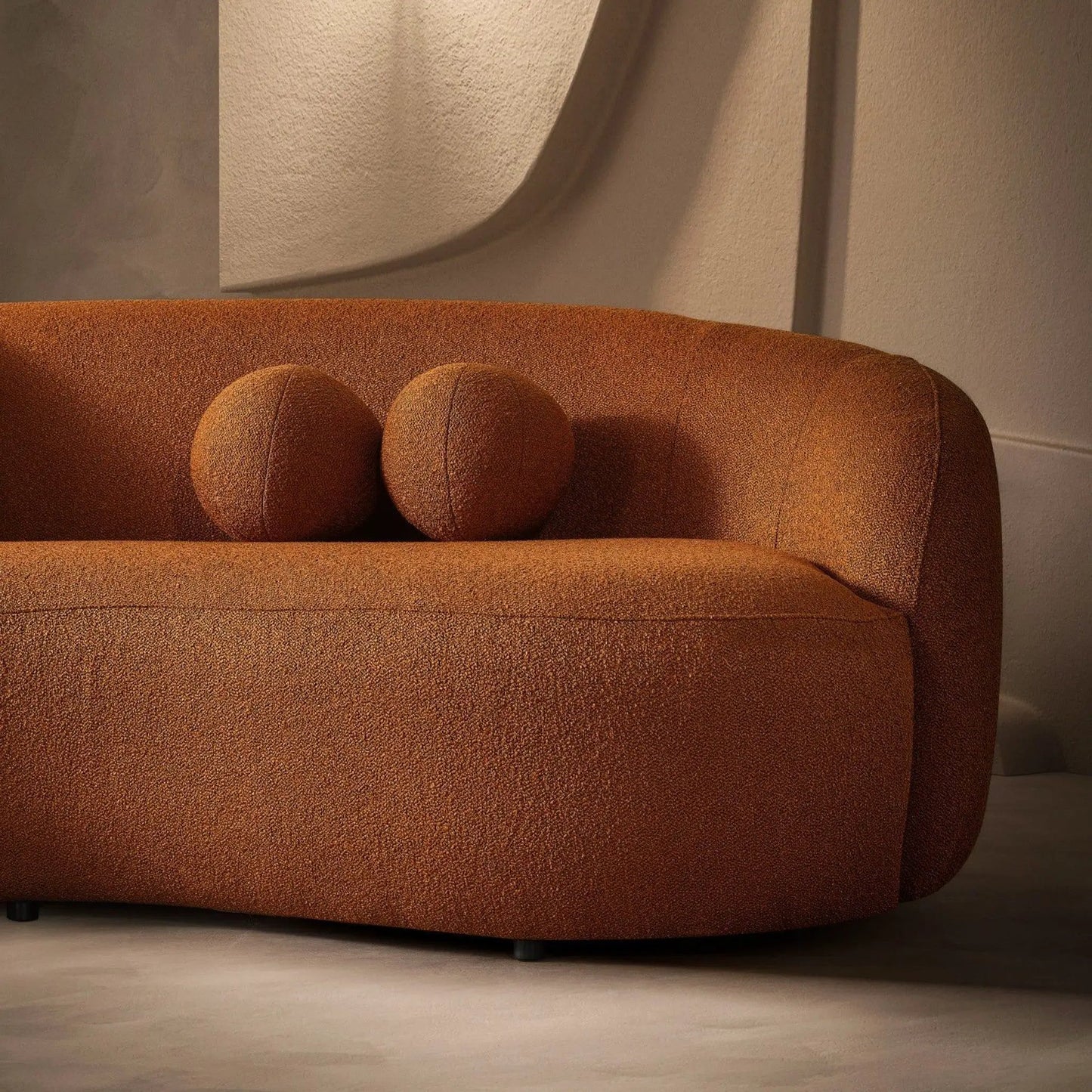 Drake Japandi Style Curvy Boucle Sofa burnt orange upholstery stationary sofa with cushions on Tampa Home & Garden Store