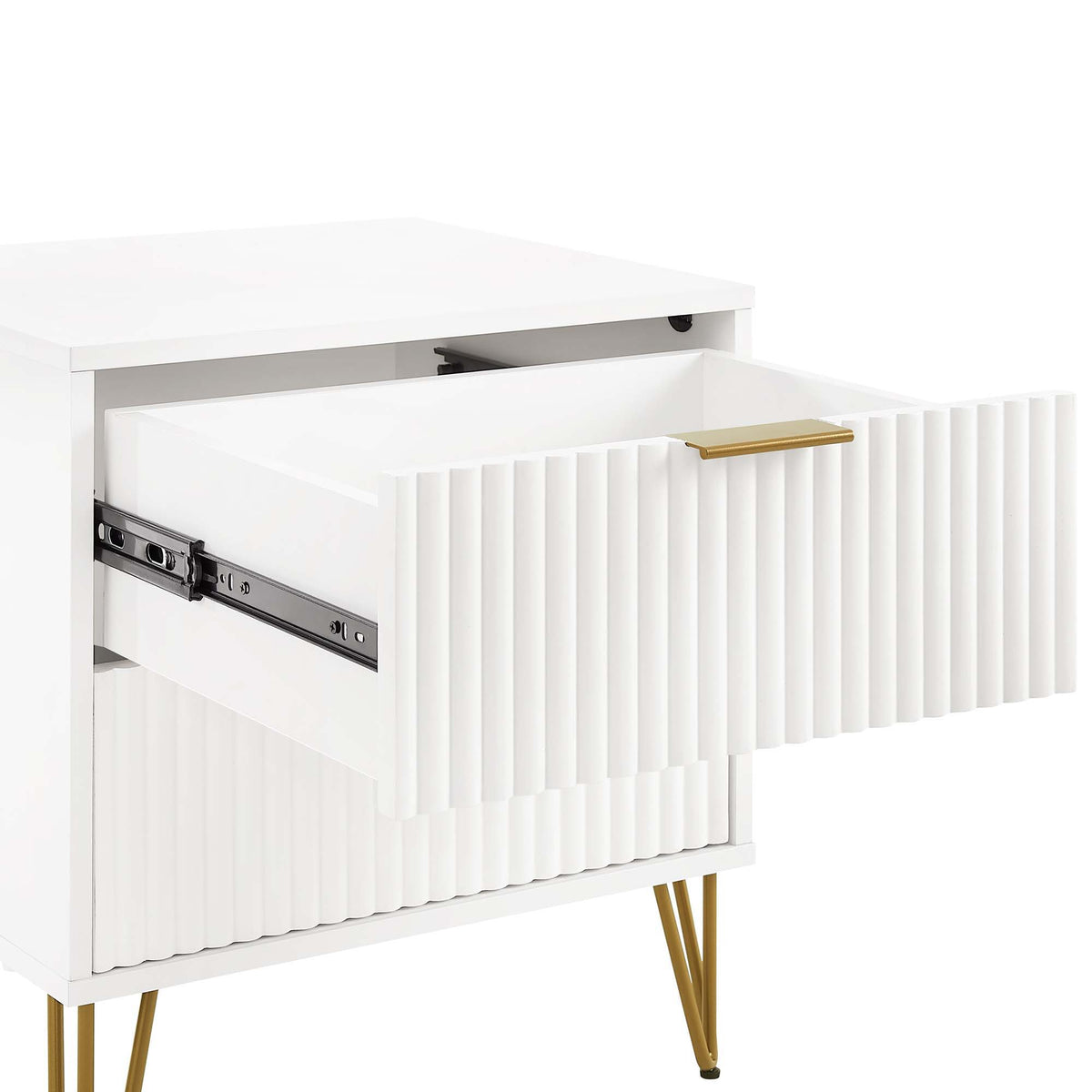 Dumbo Nightstand with 2 drawers and fluted fronts, white finish, gold handle, hairpin legs on Tampa Home & Garden Store