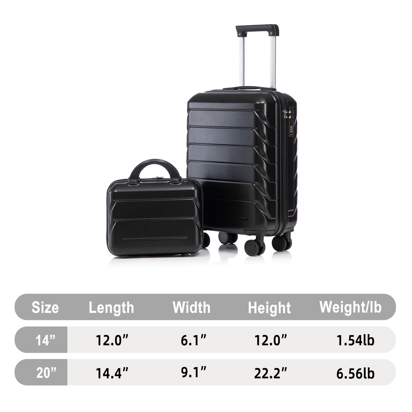 Two-piece black ABS spinner luggage set with combination lock and extendable handle on Tampa Home & Garden Store
