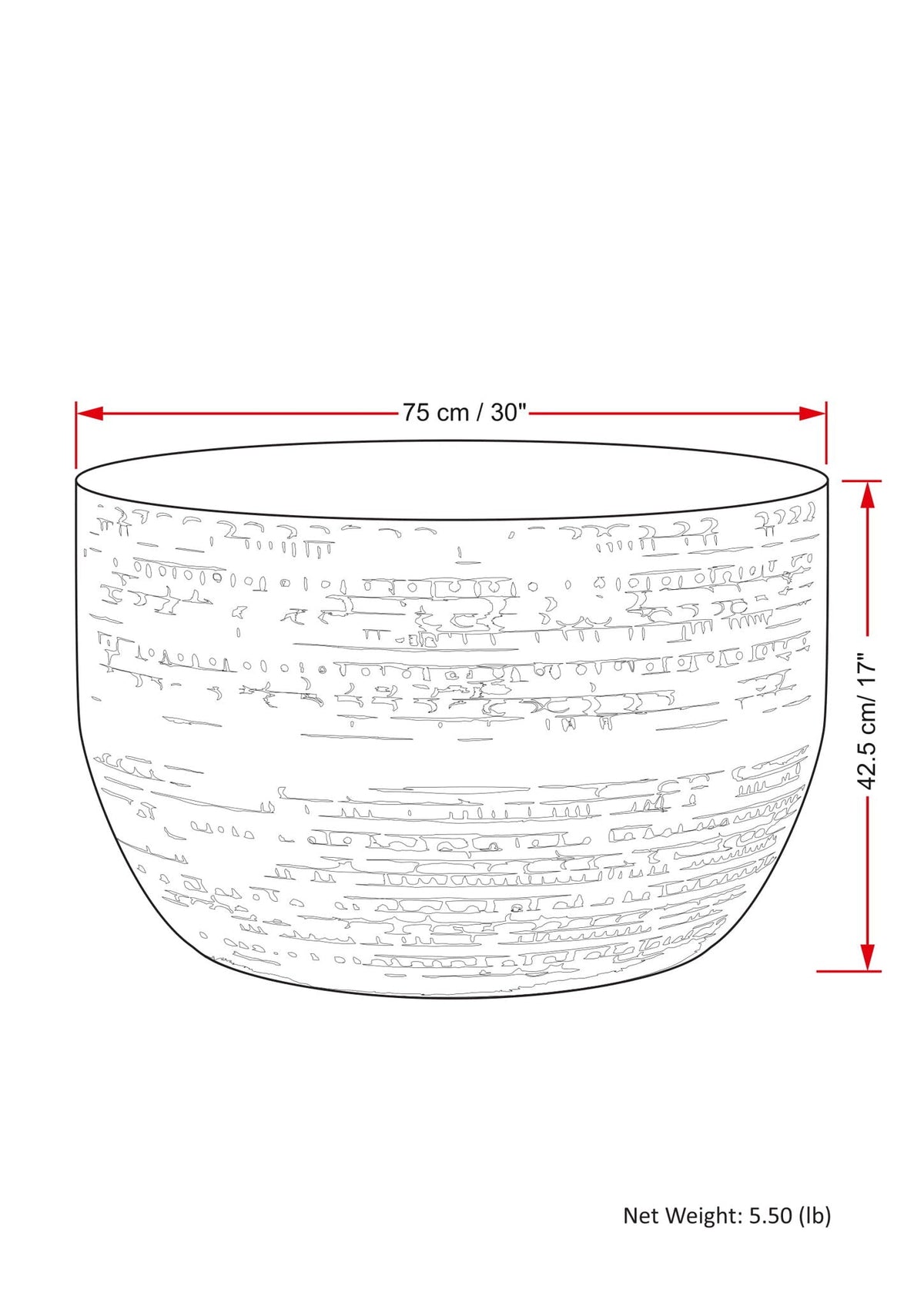 Round handcrafted metal coffee table with textured detailing, 75 cm dia, 42.5 cm high on Tampa Home & Garden Store