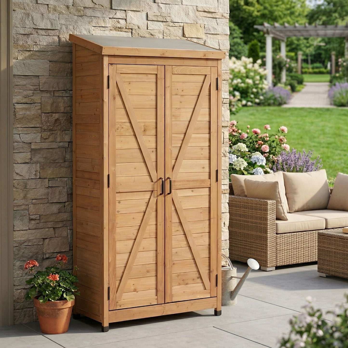 Outdoor Shed With Vertical Tool Cabinet and Shelf