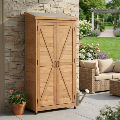 Outdoor Shed With Vertical Tool Cabinet and Shelf