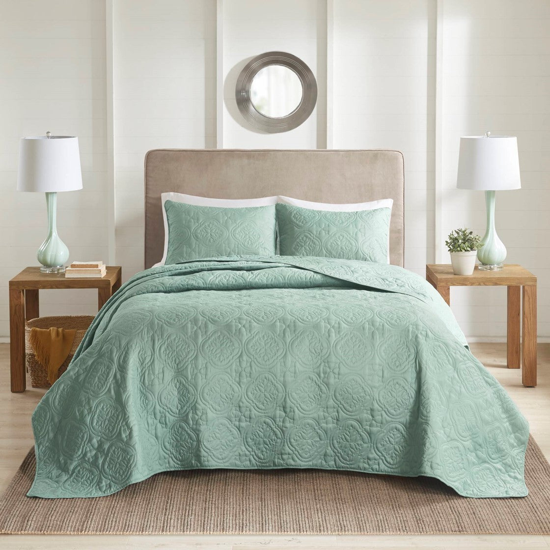 Three Piece Seafoam and Reversible Bedspread Set