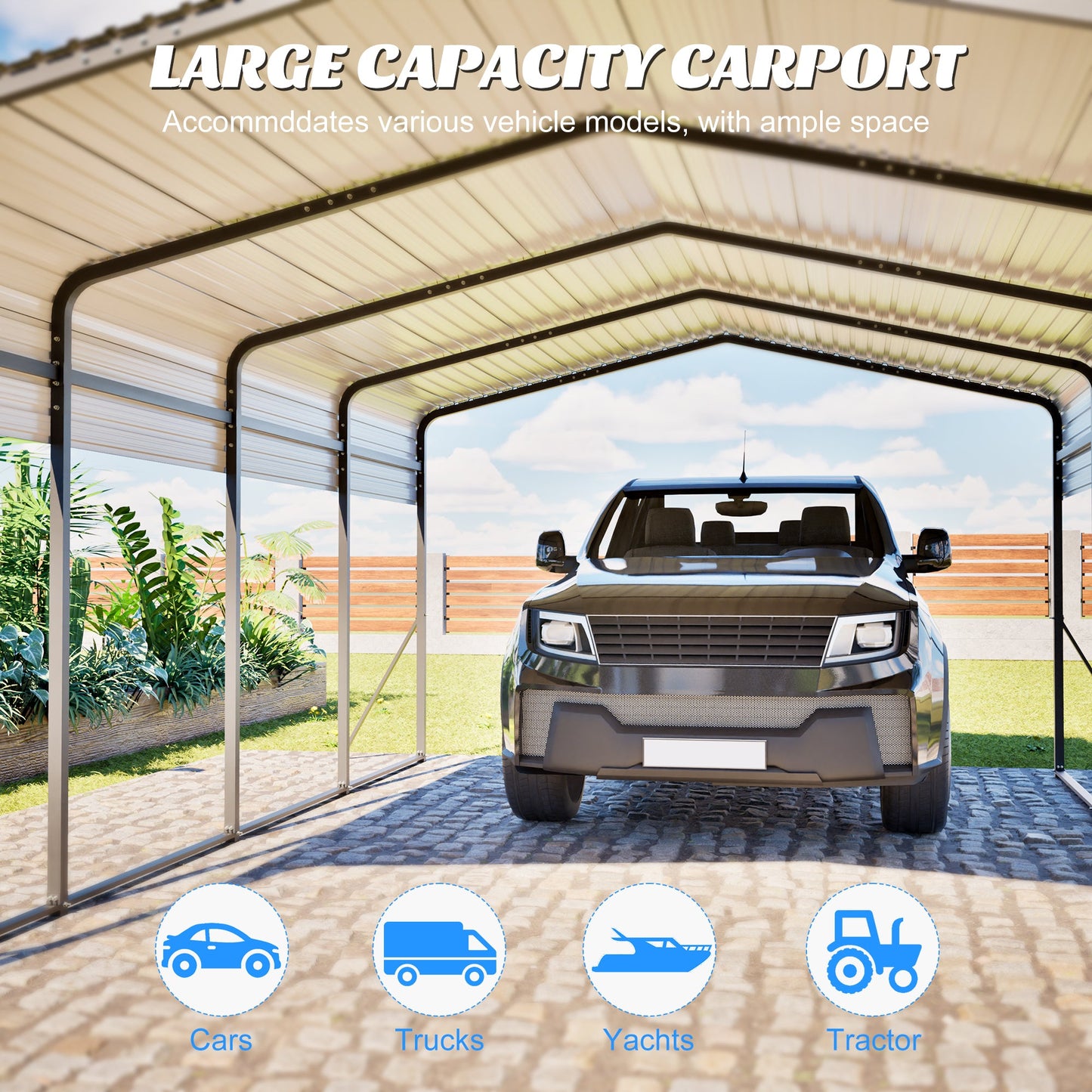 13x20 ft metal carport with upgraded frame sheltering a gray pickup under beige panels on Tampa Home & Garden Store