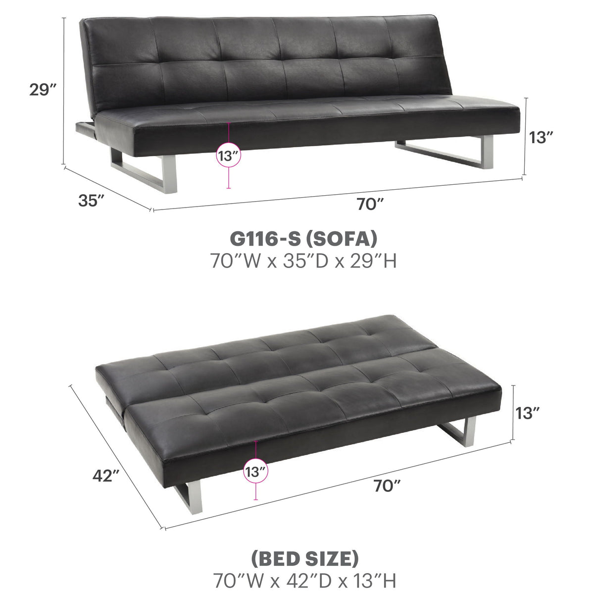 Chroma sofa bed futon by HouseOfZazla in black leather with chrome legs on Tampa Home & Garden Store