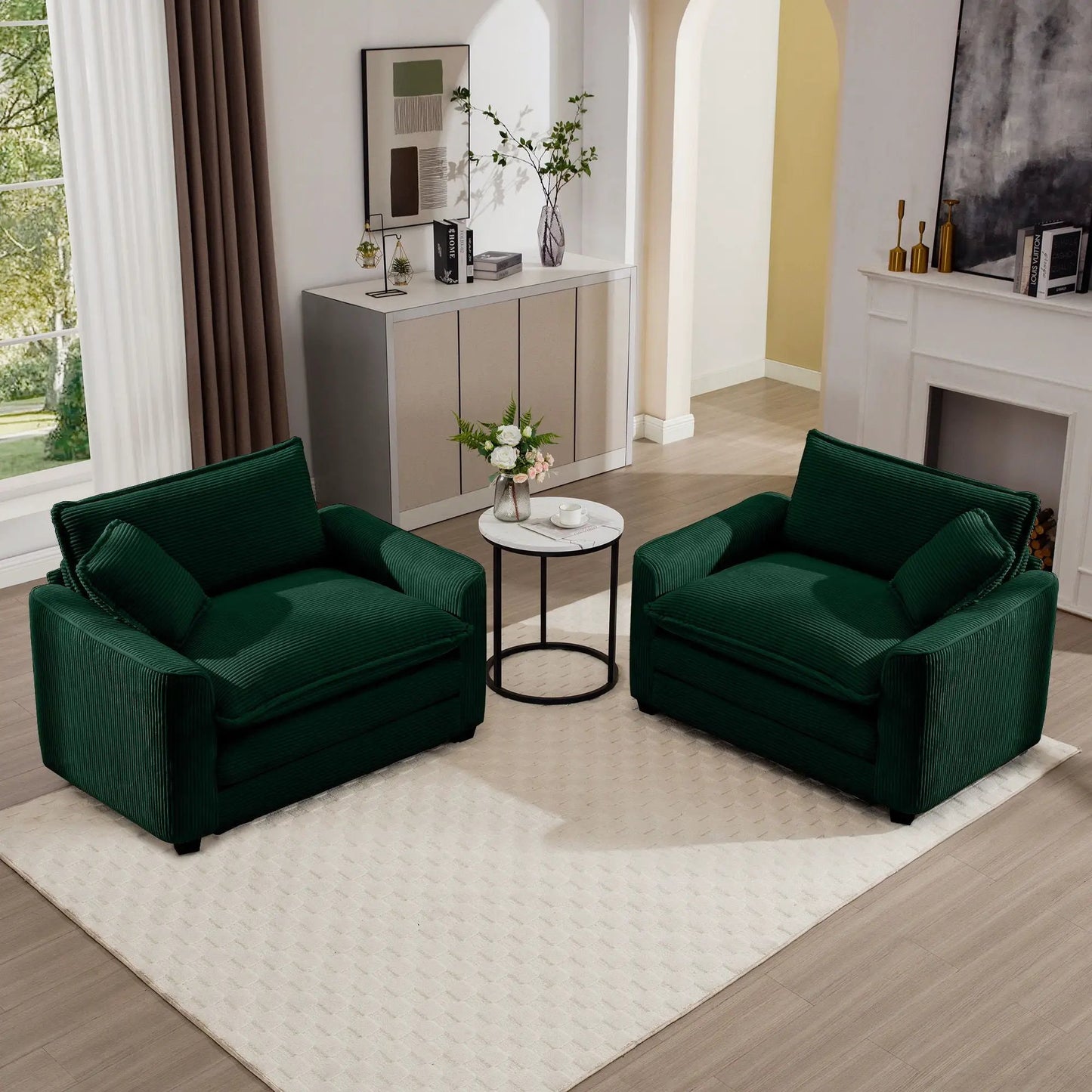 Modern classic fabric arm chairs, 4 green deep-seat with pillows, by Unique Piece Furniture on Tampa Home & Garden Store