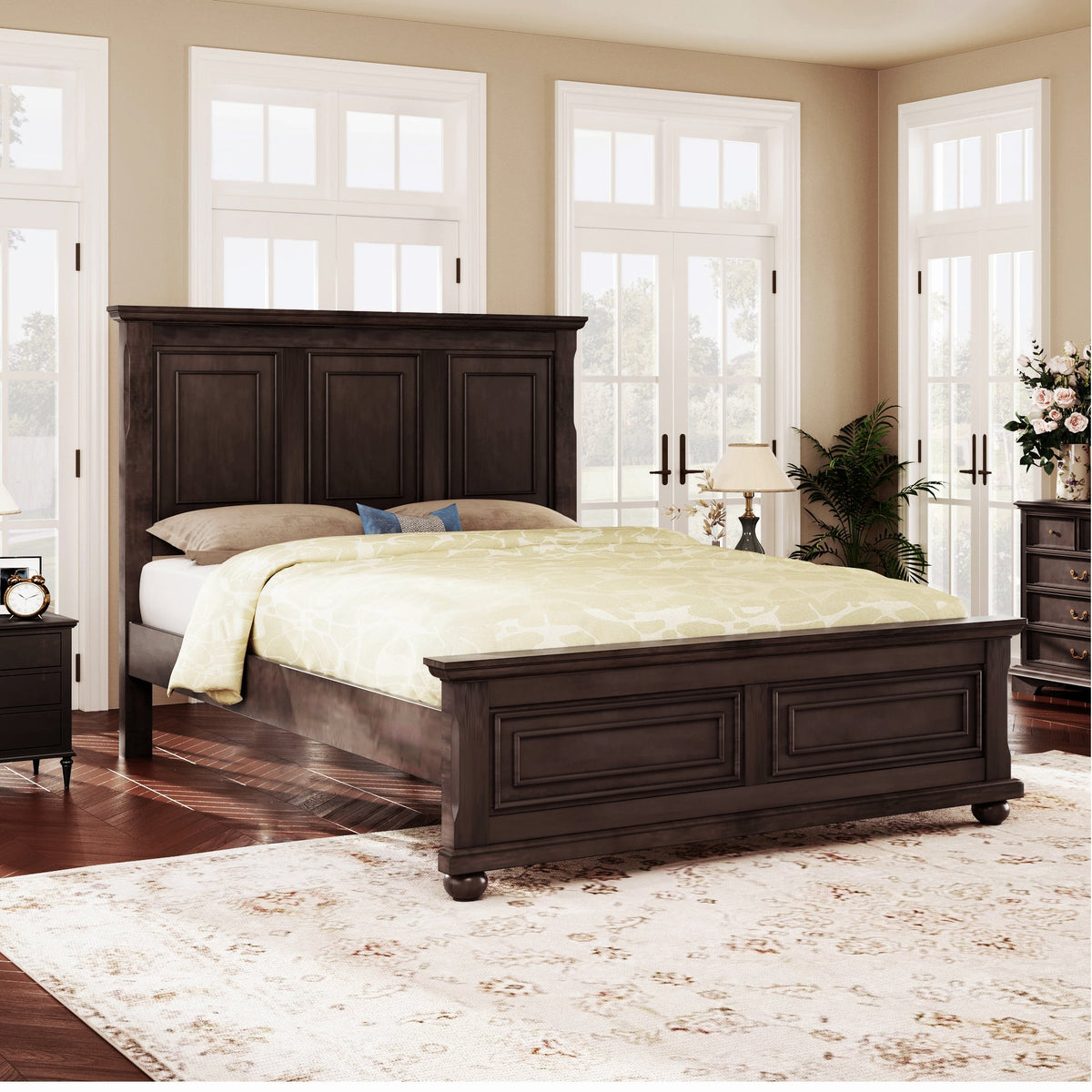 King bed frame in rich brown pinewood with tall headboard, traditional style on Tampa Home & Garden Store